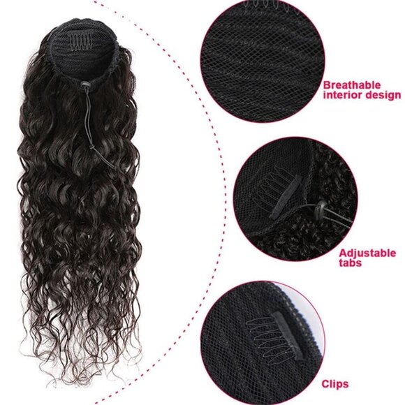 Water Wave Human Hair Ponytail 16 Inch Black Curly Extensions for Women main image 6